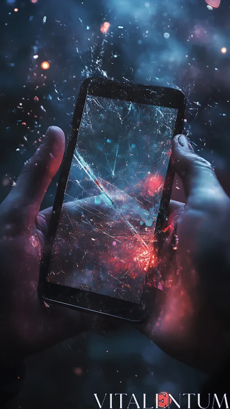 Shattered smartphone glows with electric blue and red light.