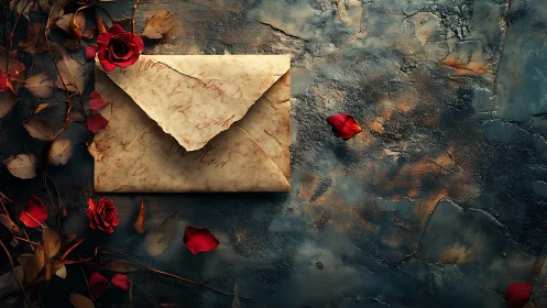 Vintage envelope and red roses on weathered dark surface