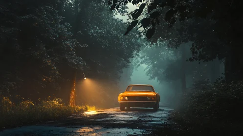 Retro orange coupe on wet forest road under moody volumetric light
