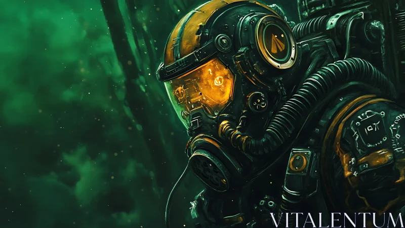 Cybernetic deep-sea diver in luminescent exosuit helmet