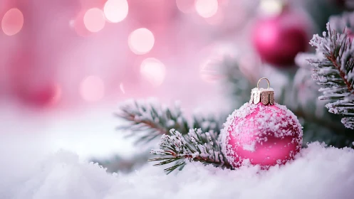 Pink Christmas bauble resting on snowy pine branch.