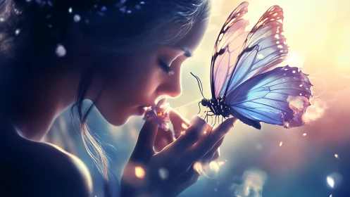 Luminescent girl in profile with macro iridescent butterfly