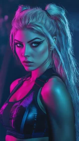 Female subject in dual neon lighting stands in profile pose