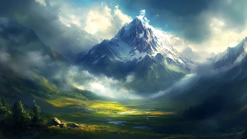 Sunlit alpine valley unfolds beneath towering misty peaks