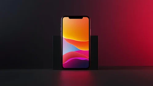 Modern smartphone with colorful screen in dramatic studio lighting.