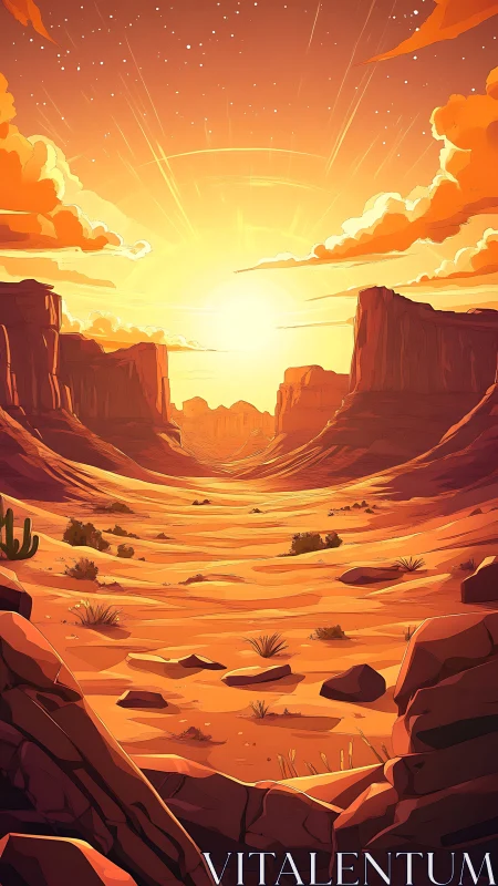 Sunlit desert canyon landscape under glowing orange sky.