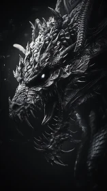 Monochrome dragon head rendered with sharp metallic detail