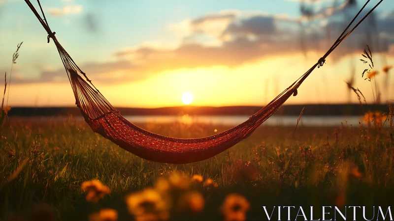 Suspended hammock silhouette under low-angle sunset illumination.