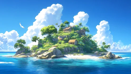 Tropical Island Settlement Amid Turquoise Waters and Cumulus Clouds.