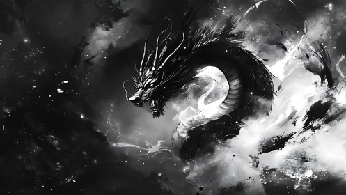 Storm-forged dragon curling through swirling midnight clouds.