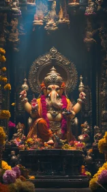 Ganesha idol sits centrally within ornate temple shrine