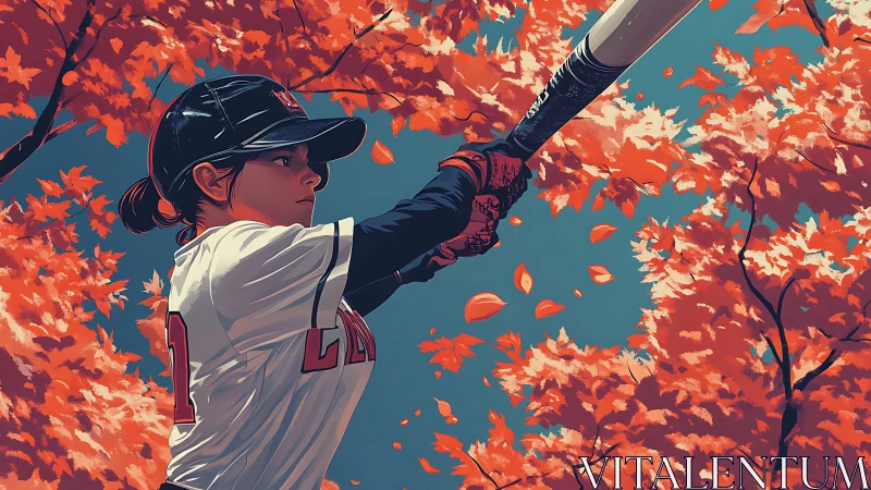 Baseball hitter swings under vivid autumn maple canopy