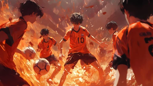 Fiery soccer match pulses with energetic anime teamwork