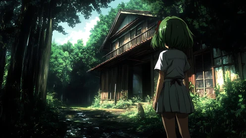 Solitary schoolgirl before overgrown wooden forest dwelling