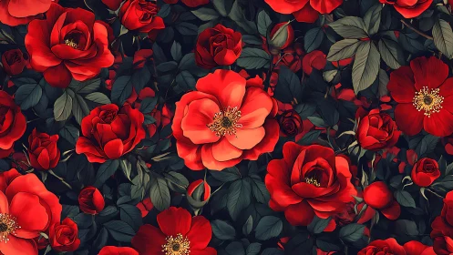 Densely Layered Red Rose Arrangement with Dynamic Depth of Field Rendering