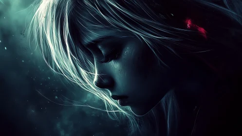 Luminous profile of melancholic girl in teal shadows.