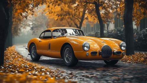 Vintage orange coupe on cobblestone road in autumn park.