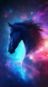 Astrophysical equine nebula silhouette in chromatic plasma field.