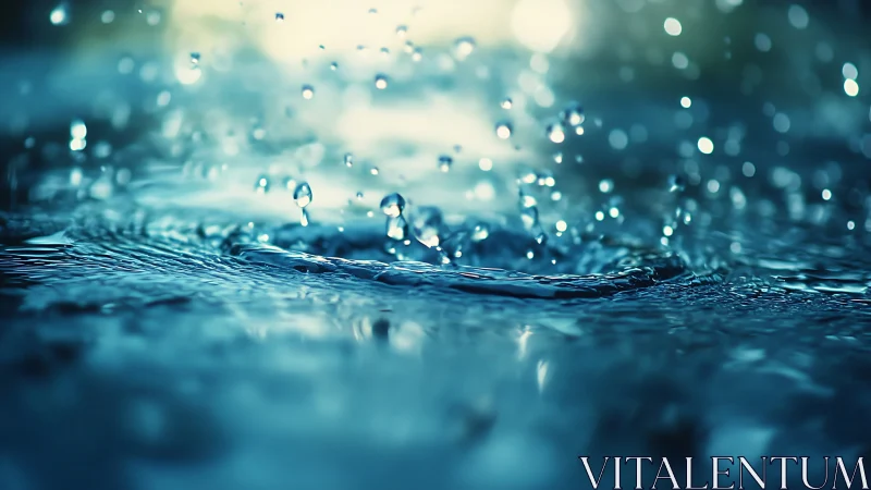 Close-up view of raindrops splashing on blue water surface.