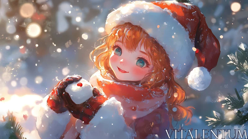 Snowlit girl in Santa hat cradling playful winter magic.