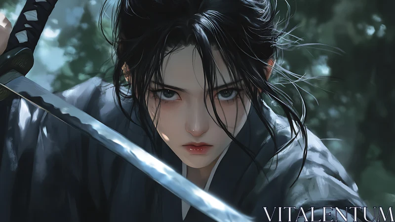 Samurai girl levels katana under stormy forest light.