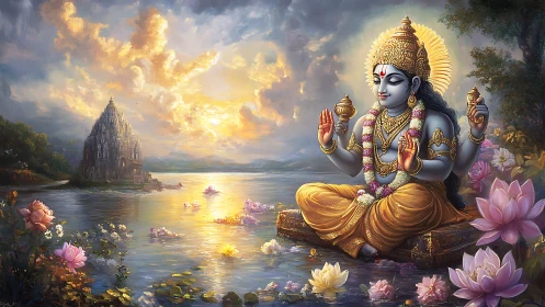 Divine blue deity meditating on lotus lake at radiant dawn.