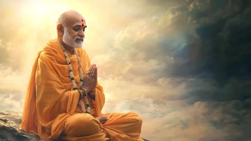 Serene monk prays in golden light above tranquil clouds