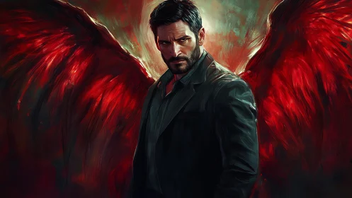 Crimson wings coil behind a brooding, midnight-suited guardian