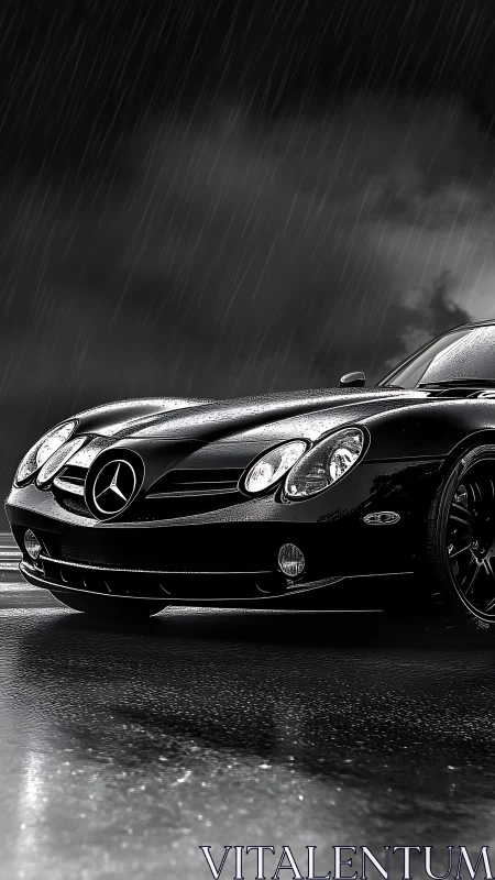 Black Mercedes-Benz sports car on wet road in rainfall.