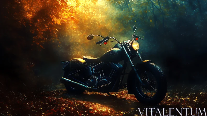 Sunlit forest motorcycle waits quietly on a golden path