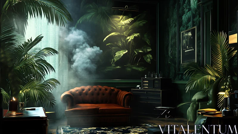 Interior scene presents leather sofa in dense tropical d&eacute;cor