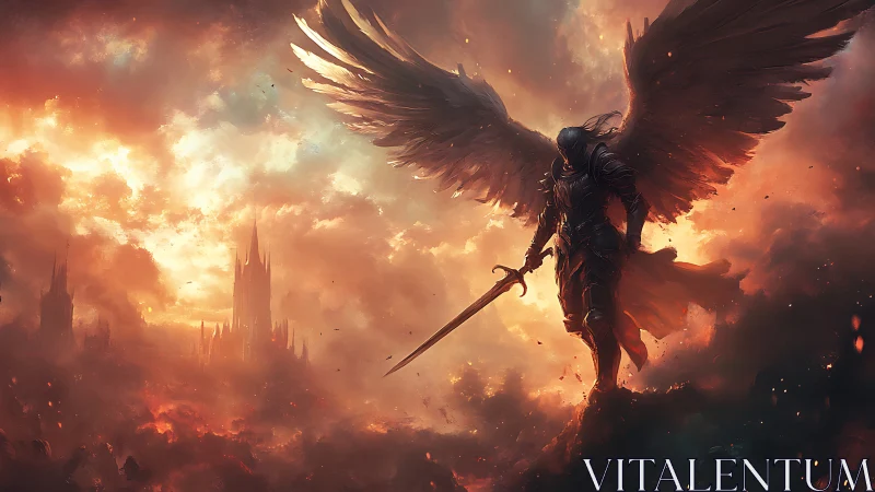 Armored angel warrior dominates blazing apocalyptic sky
