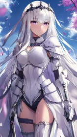 Gentle silver-haired knight under soft cherry blossoms.