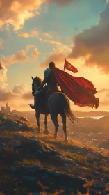 Armored rider surveys valley at sunset with red banner.