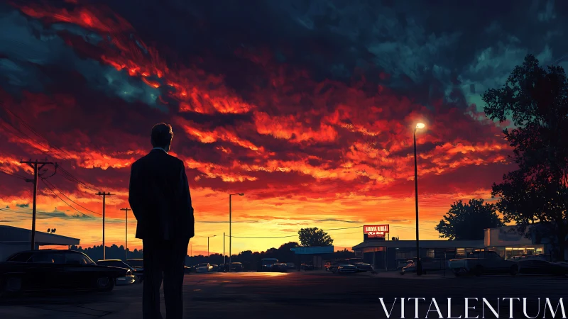 Solitary suited figure under incendiary suburban sunset sky