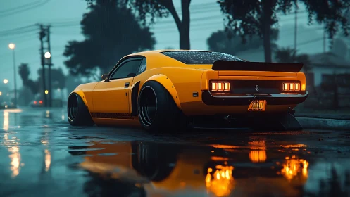 Lowered yellow muscle car glows on a rainy neon street