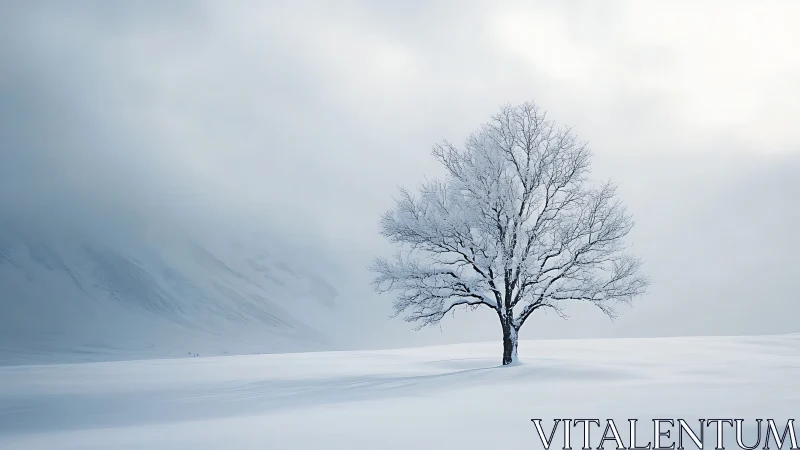 Solitary deciduous tree in snow-covered winter landscape.