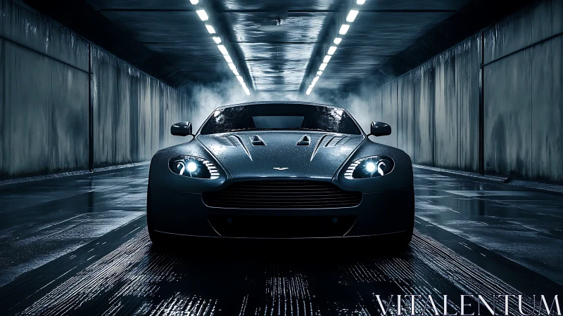 Midnight sports car stands poised in a rain-slick neon tunnel