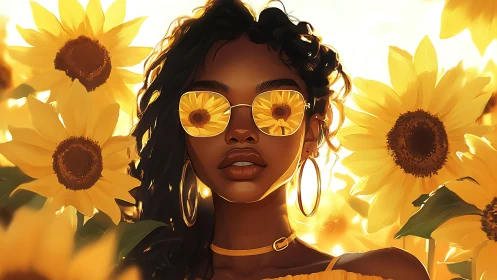 Digital portrait of woman with reflective sunflower sunglasses