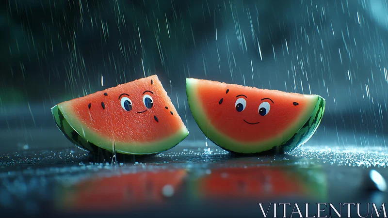 Watermelon slices with cartoon faces sit on wet street