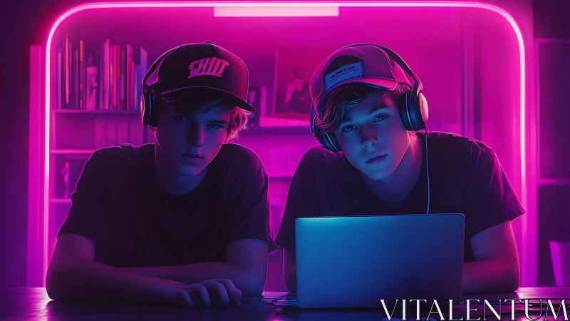 Twin teens at laptop under neon magenta and cyan rim light