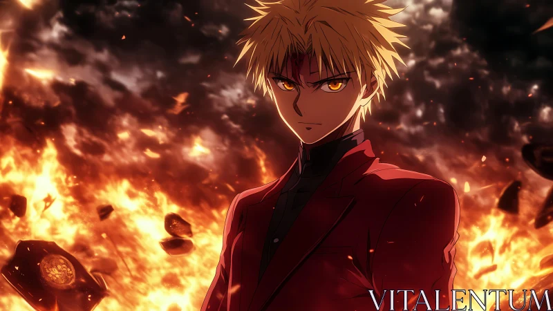 Blond anime antihero stands amid blazing inferno sky
