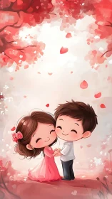 A Couple's Gentle Moment Under Falling Hearts.