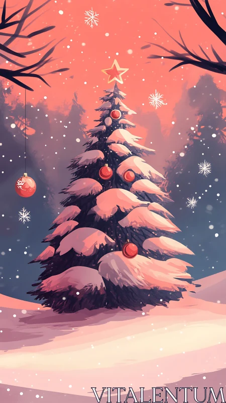 Snow-draped Christmas pine glowing under coral dusk sky.