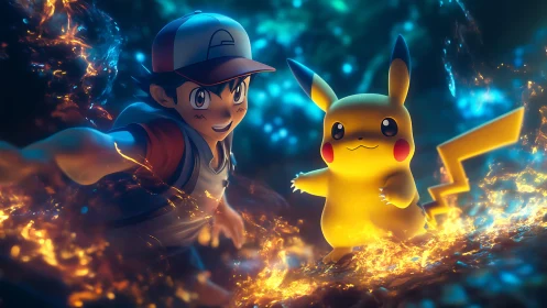 Anime trainer with electric creature in glowing battle realm.