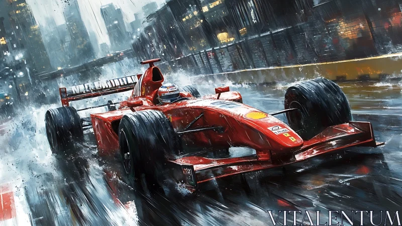 Aerodynamic red Formula car slicing through reflective wet circuit.