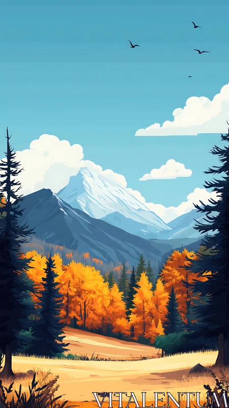Snowcapped mountain overlooks bright autumn forest valley