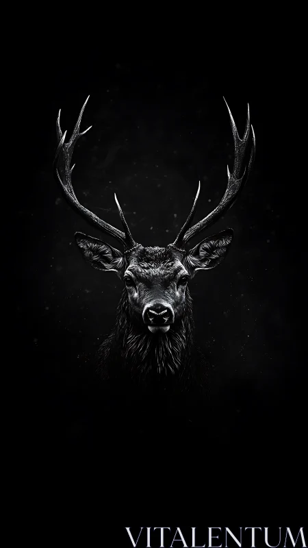 Midnight stag portrait glowing from the dark silence.