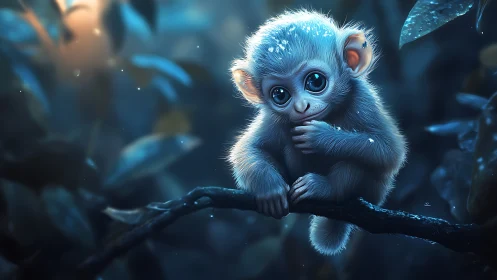 Bioluminescent-lit baby monkey rendered with high-detail fur shaders