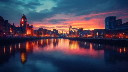 City waterfront skyline glows under vivid sunset sky.
